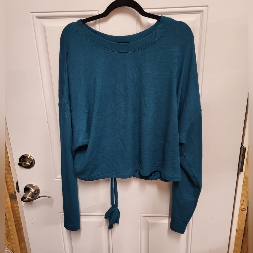 Fabletics Womens Sweatshirt Teal Anna Tie Back Waffle Weave Crop‎ Stretch XXLG